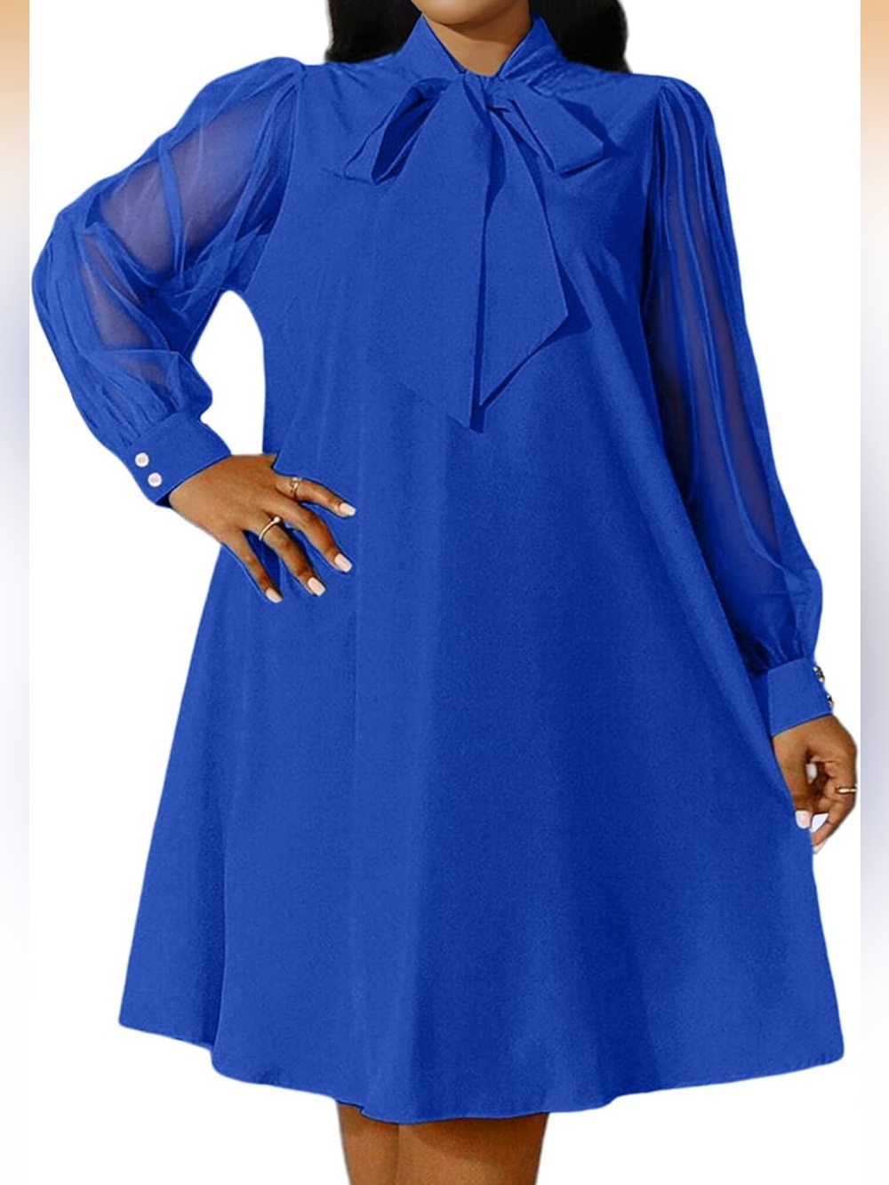 Chiffon Tie-Neck Long Sleeve A-Line Dress in Royal Blue
